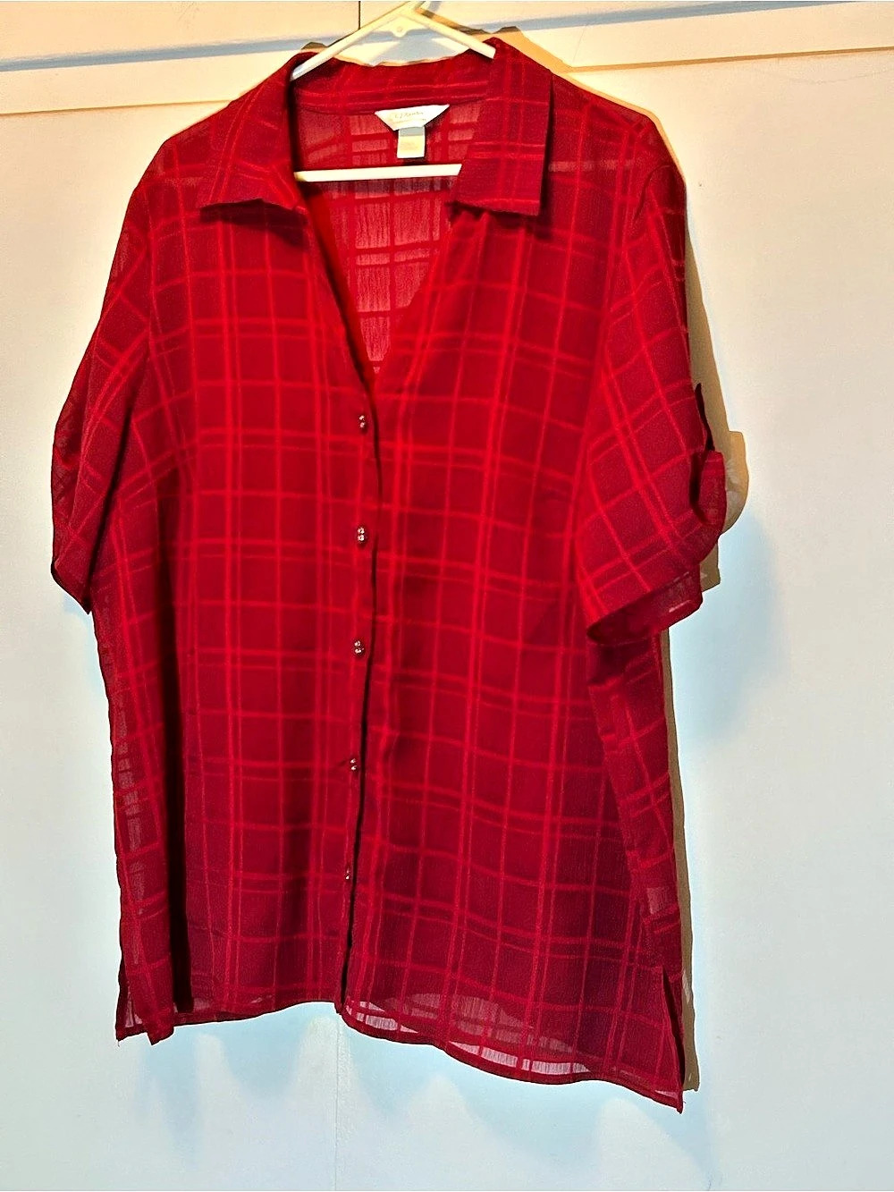 CJ Banks by Christopher & Banks Plaid Button Down in Red 2X